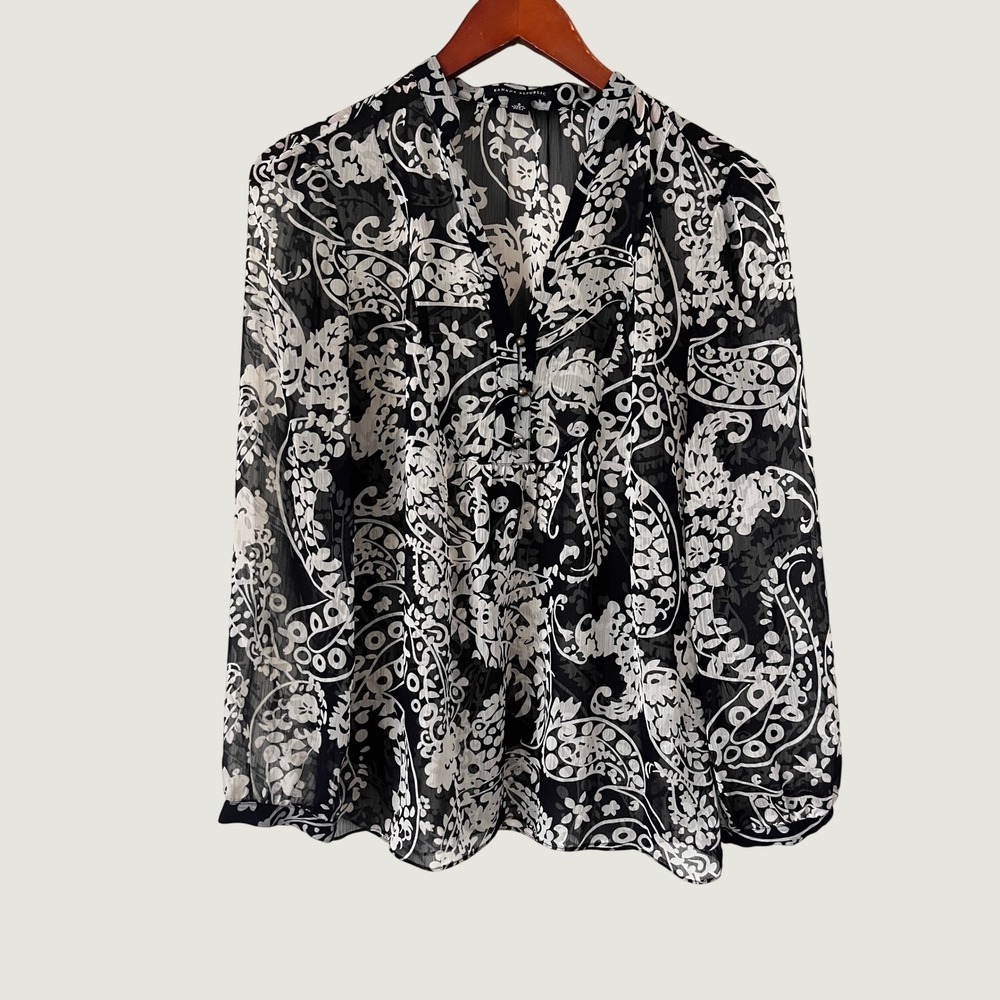 Banana Republic Womens Black White Paisley Floral Chiffon Blouse boho neutral S